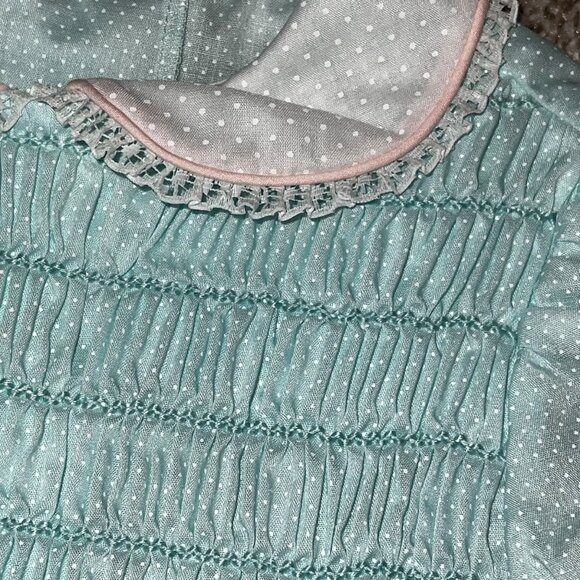 Polly Finders Vintage Hand Smocked Aqua Blue Polka Dot Lace Collar Dress Size 6 - Picture 3 of 8